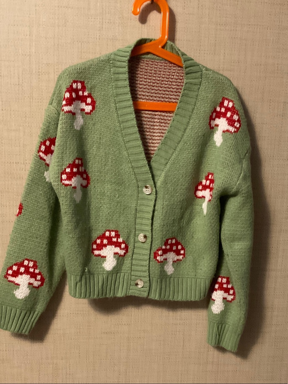 SHEIN Green Knit Cardigan with Red & White Mushroom Motif